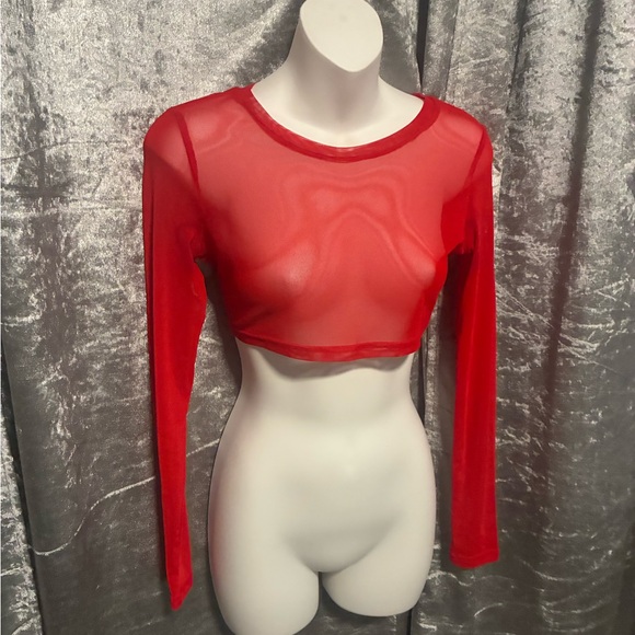 Red Sheer Long Sleeve Crop Top - Picture 1 of 2